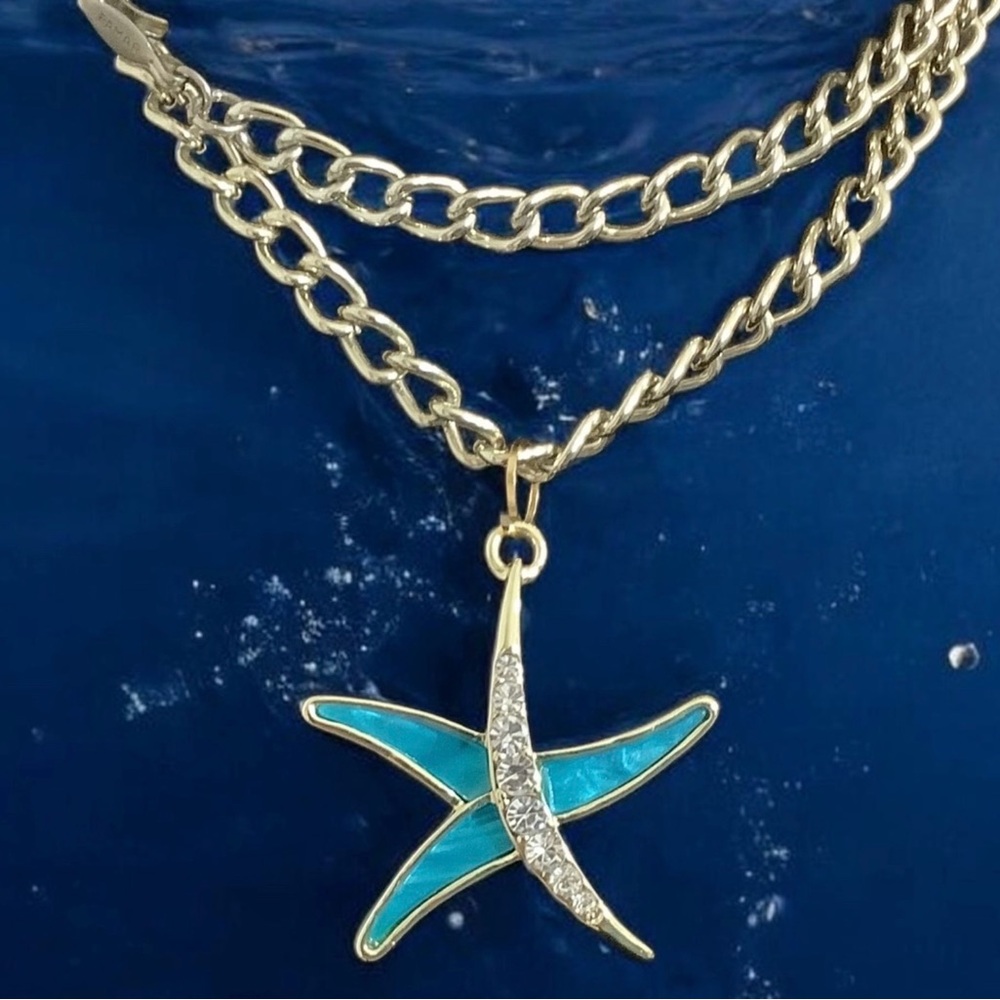 Heidi Daus Gold Starfish Pendant with Turquoise Enamel & Swarovski Crystals NWOT - Picture 6 of 11